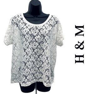 H&M White Floral Lace Short Sleeve Sheer Scoop Neck Blouse Size Large